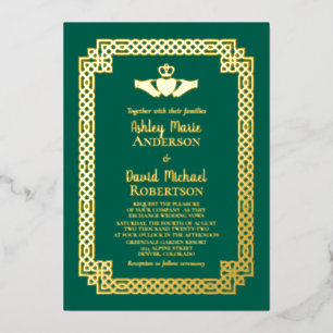Invitation En Aluminium Mariage Celtique Claddagh Vert Émeraude avec Feuil