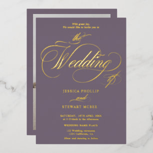 Invitation En Aluminium Mariage chic calligraphie photo violet or
