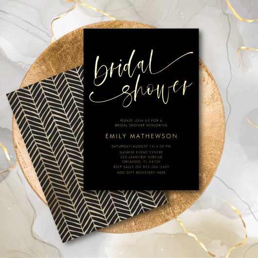 Invitation En Aluminium Mariage chic noir et or Calligraphie Shower