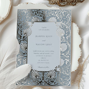 Invitation En Aluminium Mariage Chic Poussiéreux Bleu et Argenté