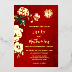 Invitation En Aluminium Mariage Chinois BILINGUE Fleur de Pivoine Or