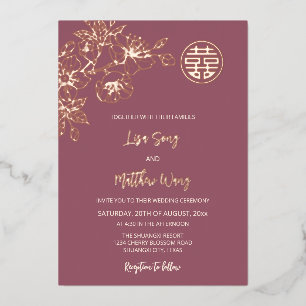 Invitation En Aluminium MARIAGE chinois BILINGUES Rose Gold Cherry Blossom