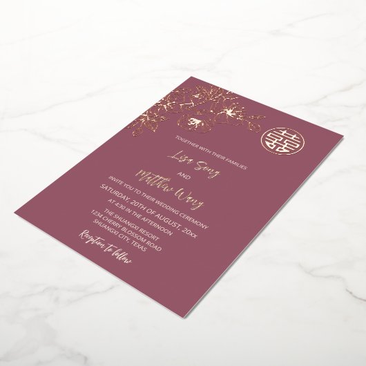 Invitation En Aluminium MARIAGE chinois BILINGUES Rose Gold Cherry Blossom (Rotation)