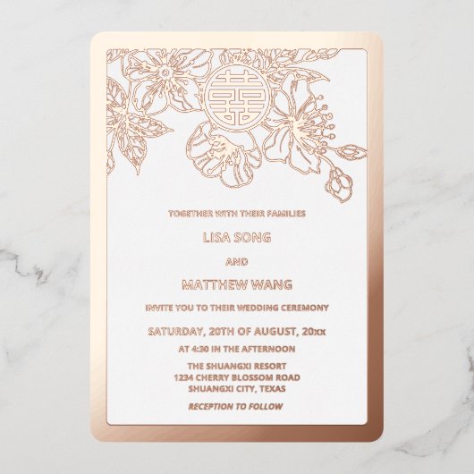 Invitation En Aluminium MARIAGE chinois BILINGUES Rose Gold Cherry Blossom (Recto)
