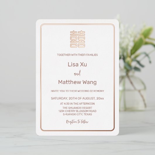 Invitation En Aluminium Mariage chinois blanc or Rose simple (Debout devant)