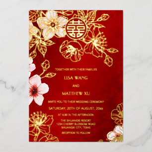 Invitation En Aluminium Mariage Chinois Cerisier Fleur de Cerisier Or Roug