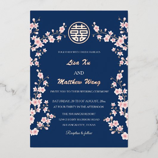 Invitation En Aluminium Mariage chinois en fleurs de cerisier rose pâle (Recto)