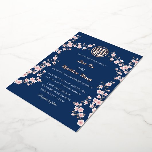 Invitation En Aluminium Mariage chinois en fleurs de cerisier rose pâle (Rotation)