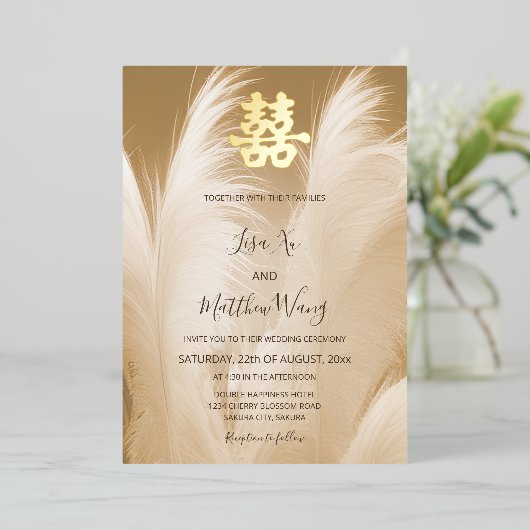 Invitation En Aluminium Mariage chinois en laiton beige Pampas (Debout devant)