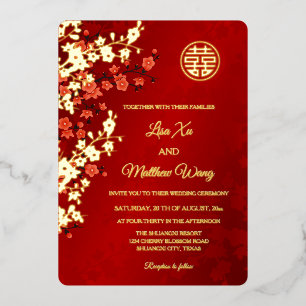 Invitation En Aluminium Mariage Chinois Fleur de Cerisier Rouge Or BILINGU