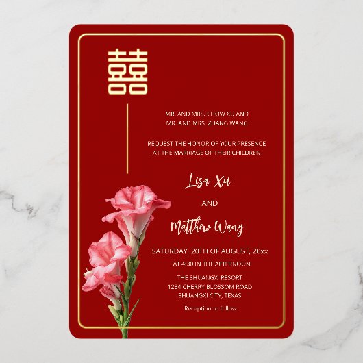 Invitation En Aluminium Mariage chinois Gladiolus Flower Red Gold (Recto)