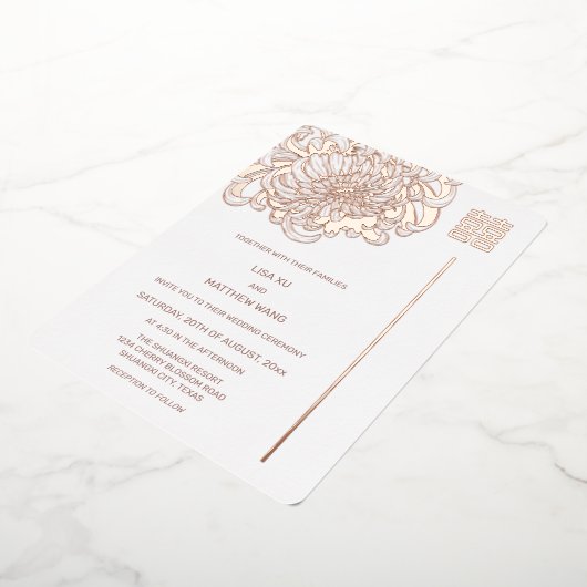 Invitation En Aluminium Mariage chinois Peony Rose Gold White (Rotation)