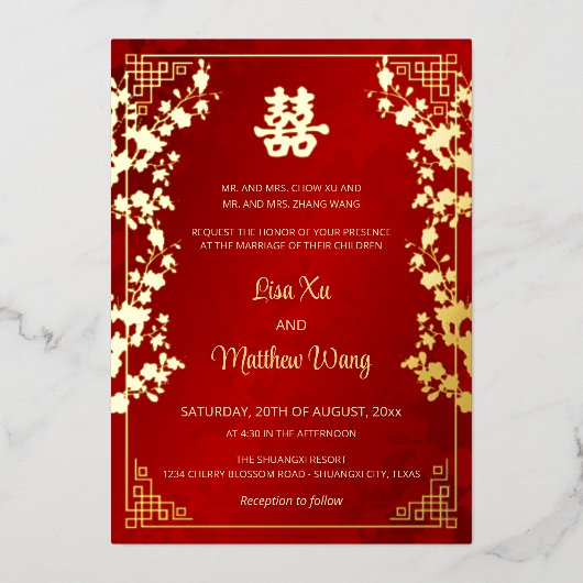 Invitation En Aluminium MARIAGE chinois rouge BILINGUAL Gold Frame (Recto)