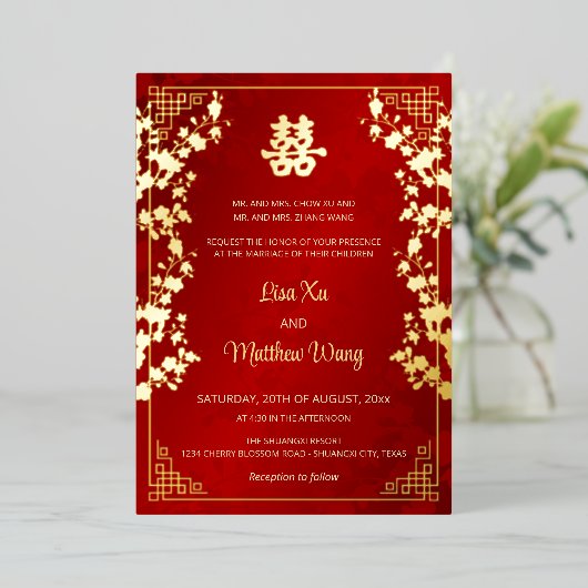 Invitation En Aluminium MARIAGE chinois rouge BILINGUAL Gold Frame (Debout devant)