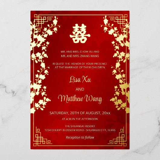 Invitation En Aluminium MARIAGE chinois rouge BILINGUAL Gold Frame (Recto)