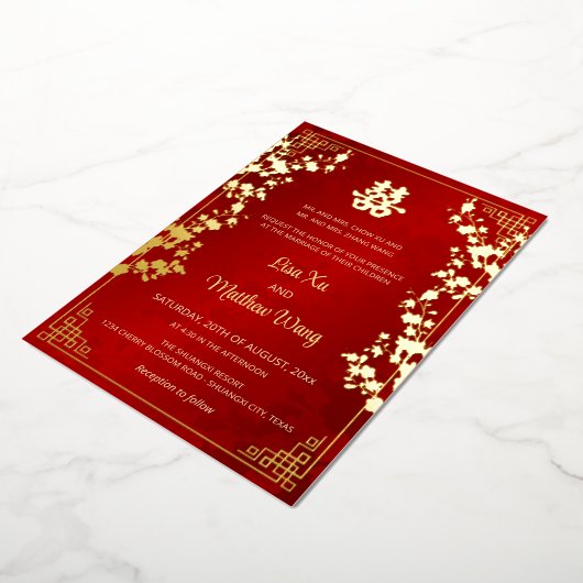Invitation En Aluminium MARIAGE chinois rouge BILINGUAL Gold Frame (Rotation)