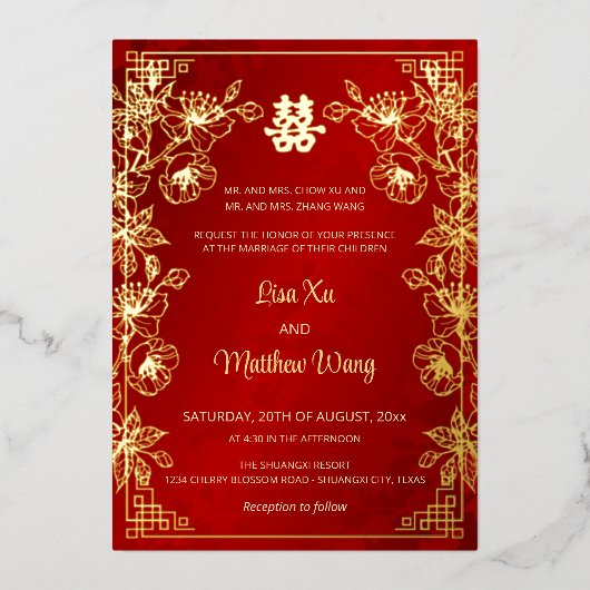 Invitation En Aluminium MARIAGE chinois rouge BILINGUAL Gold Frame (Recto)