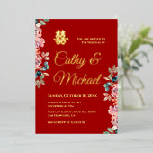 Invitation En Aluminium Mariage chinois rouge double bonheur floral (Debout devant)
