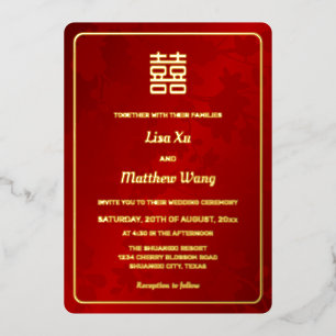Invitation En Aluminium Mariage Chinois Rouge Floral Or