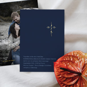 Invitation En Aluminium Mariage Chrétien Bleu   Croix Initiales   Or