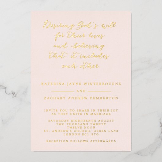 Invitation En Aluminium Mariage chrétien en écriture Blush & Gold (Recto)