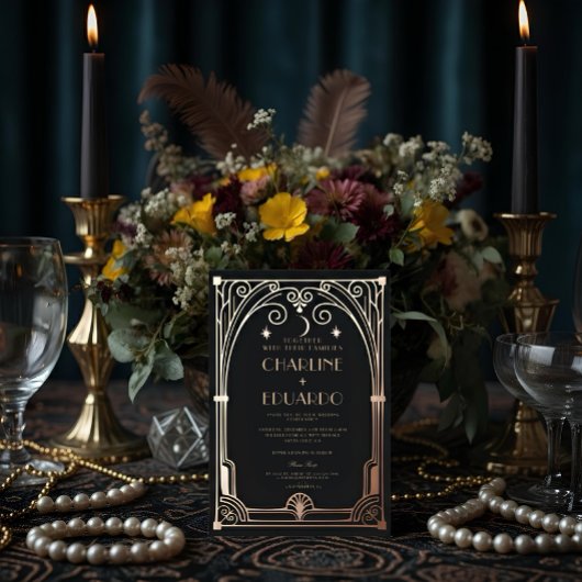 Invitation En Aluminium Mariage classique Art Déco élégant Black Gold des