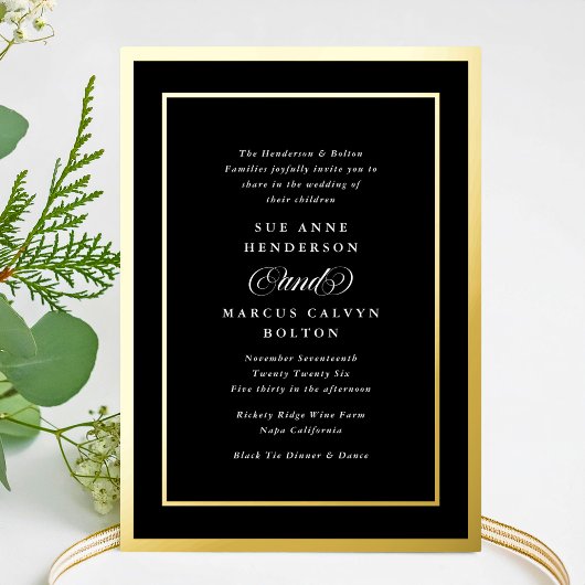 Invitation En Aluminium Mariage classique Black Blanc Formal Gold Frames