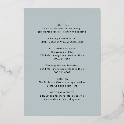 Invitation En Aluminium Mariage classique bleu muté élégant (Verso)