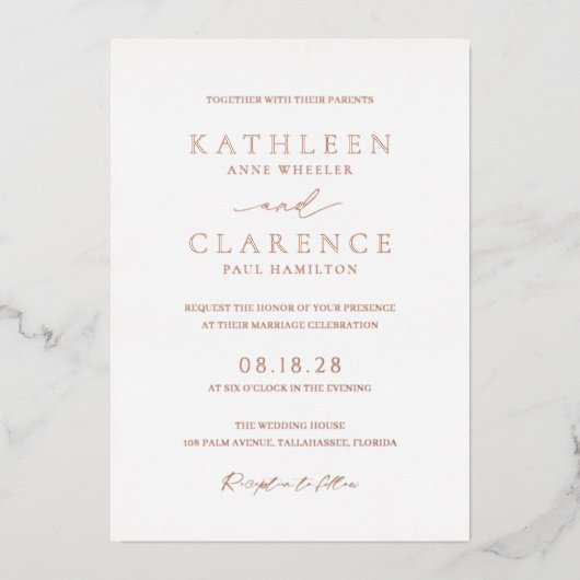 Invitation En Aluminium Mariage classique élégant (Recto)