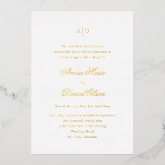 Invitation En Aluminium Mariage Classique Élégant (Recto)
