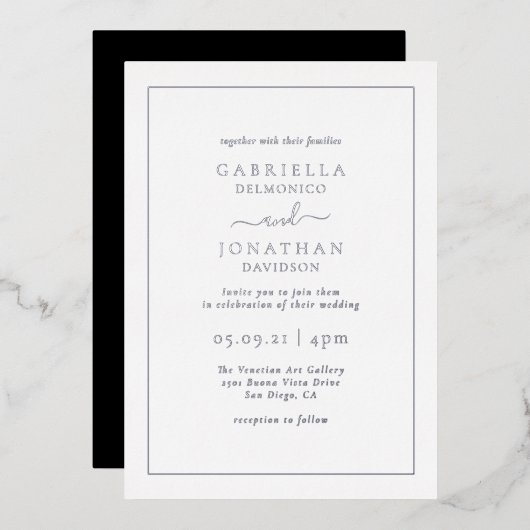 Invitation En Aluminium Mariage classique élégant Noir Argent (Recto/Verso)