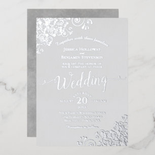 Invitation En Aluminium Mariage Classique Gris avec Feuille d'Argent Éléga