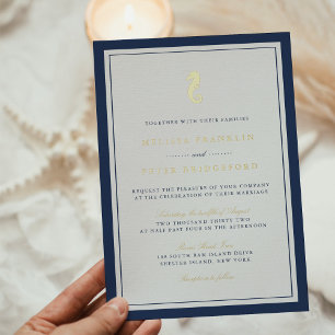 Invitation En Aluminium Mariage Classique Hippocampe Marin Or