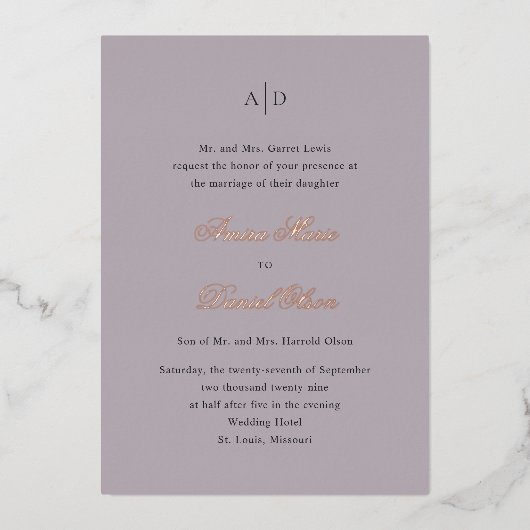 Invitation En Aluminium Mariage Classique Lilas Clair (Recto)