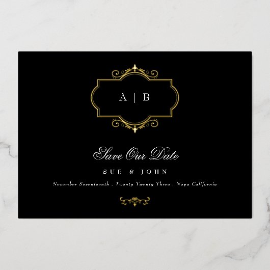 Invitation En Aluminium mariage classique noir blanc or enregistrer la dat (Recto)