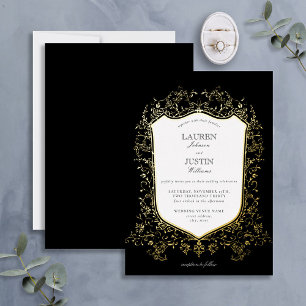 Invitation En Aluminium Mariage Classique Noir et Crest Or