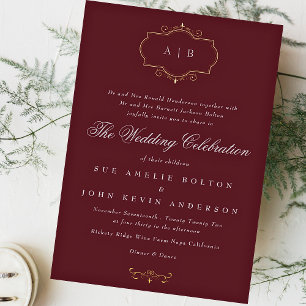 Invitation En Aluminium mariage classique romantique monogramme bordeaux m