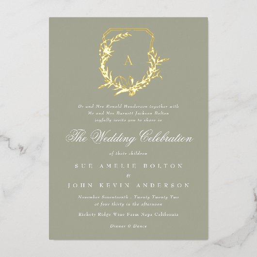 Invitation En Aluminium mariage classique sauge vert or monogramme (Recto)