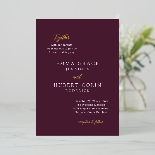 Invitation En Aluminium Mariage classique violet élégant (Debout devant)