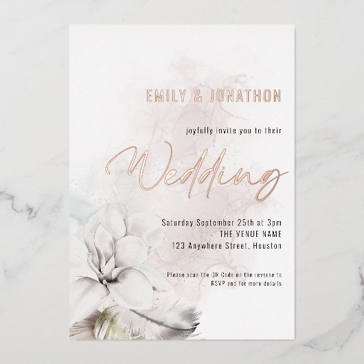 Invitation En Aluminium Mariage Code QR Fleurs Blanches Aquarelle Moderne (Recto)