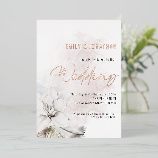 Invitation En Aluminium Mariage Code QR Fleurs Blanches Aquarelle Moderne (Debout devant)