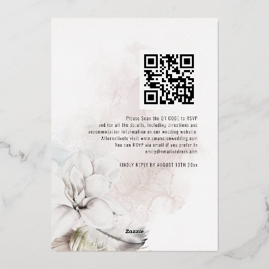 Invitation En Aluminium Mariage Code QR Fleurs Blanches Aquarelle Moderne (Verso)