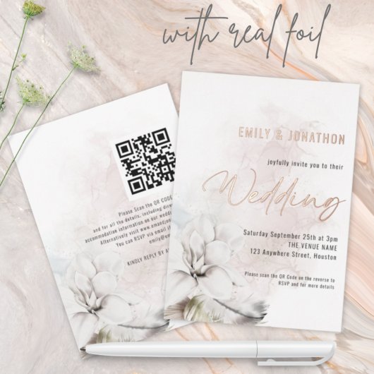 Invitation En Aluminium Mariage Code QR Fleurs Blanches Aquarelle Moderne