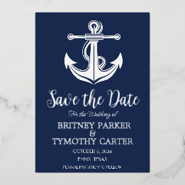Invitation En Aluminium Mariage Code QR Moderne Ancre Bleu Marine Nautical