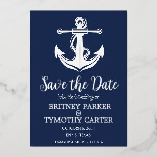 Invitation En Aluminium Mariage Code QR Moderne Ancre Bleu Marine Nautical