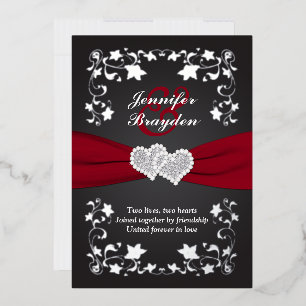 Invitation En Aluminium Mariage coeurs joints floraux argent, rouge, noir