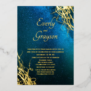 Invitation En Aluminium Mariage Contes de Fées Bleu et Or Vœu sur une Étoi