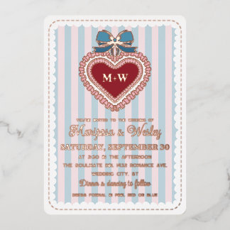Invitation En Aluminium Mariage Coquette Bleu Rose Ruban Cœur Rayures