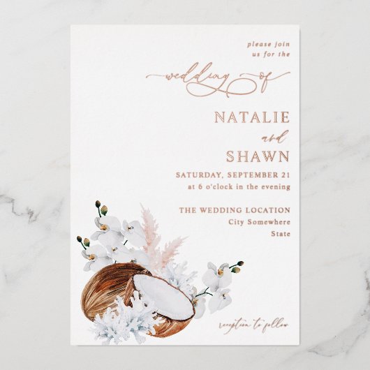 Invitation En Aluminium Mariage Corail de Coco et Fleurs Blanches (Recto)