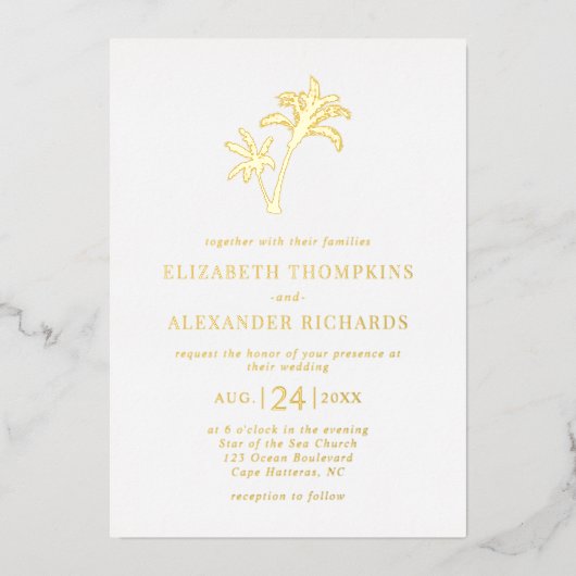 Invitation En Aluminium Mariage côtier Tropical Beach Palm Tree (Recto)